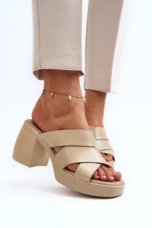 Zazoo 40373 Leather Sandals with Block Heel Beige