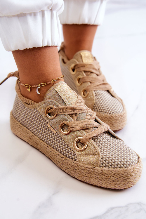 Tenisówki Damskie Modne Plecione Beżowo-Złote Big Star JJ274392