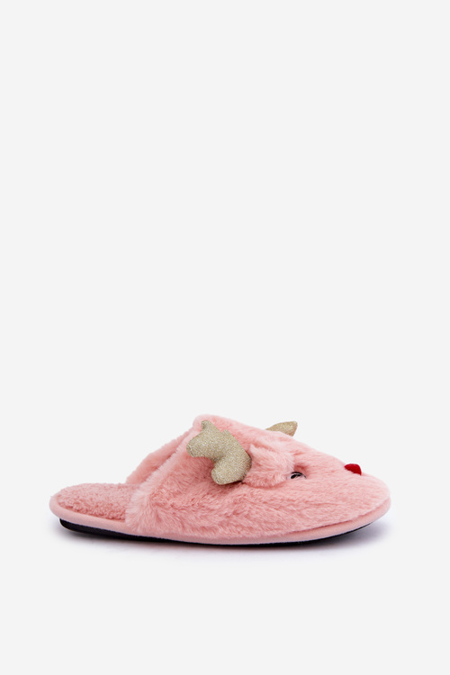 Christmas Slippers With Reindeer Design Furry Pink Asielle