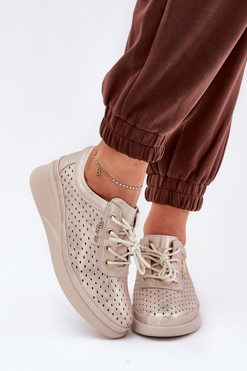 Sportowe Buty Trampki Damskie Skóra Naturalna Złote Brumia 7890
