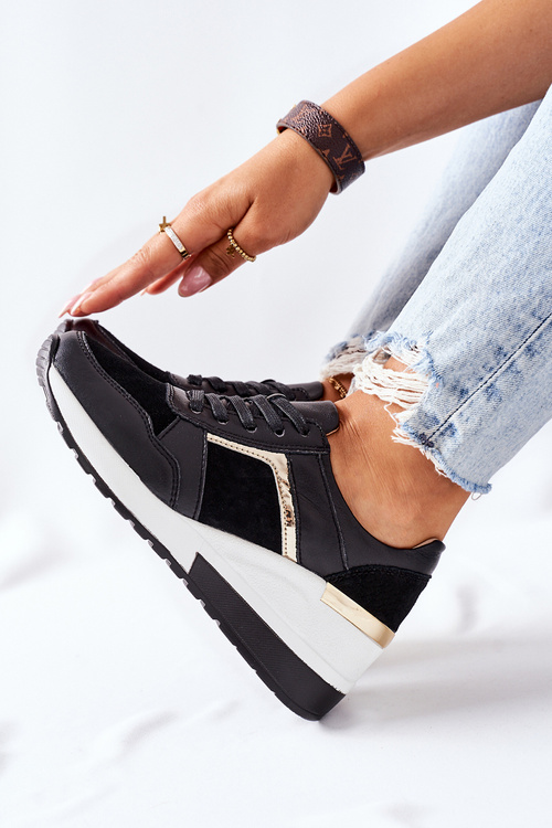 Damskie Skórzane Sneakersy Na Koturnie Czarne Białe Manitoba