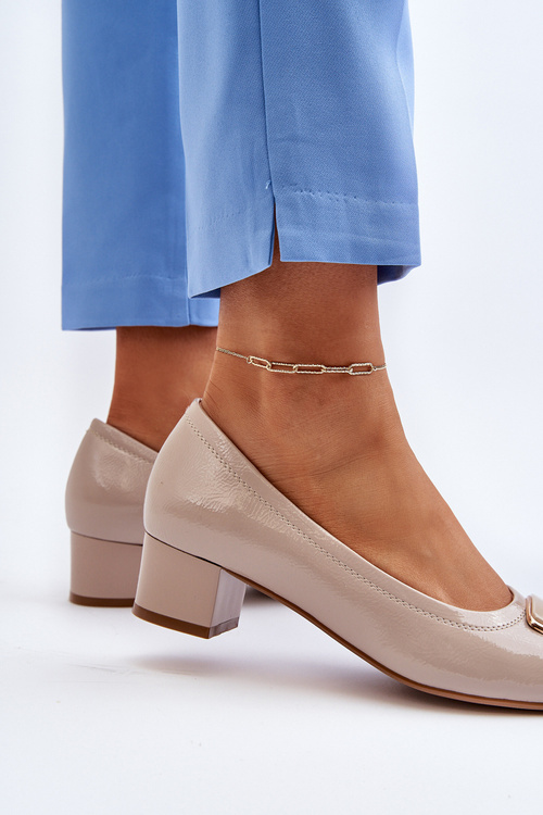 Beige Enollia Patent Court Shoes with Embellishment