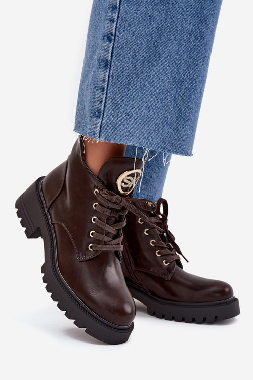 Warm Lined Women's Ankle Boots with Golden Detail Chocolate Kavirae