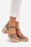 Sandały Damskie Na Klocku Skóra Panterka Brązowo-Beżowe Zazoo 40386