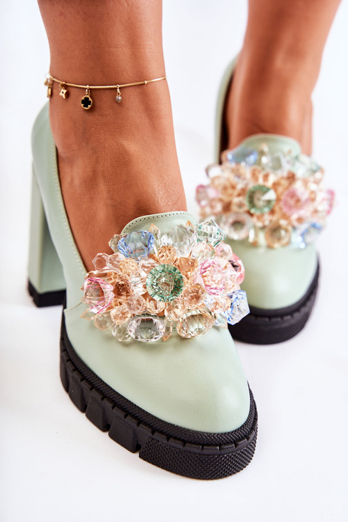 Elegant Pumps With Ornament Smooth Green Caterine