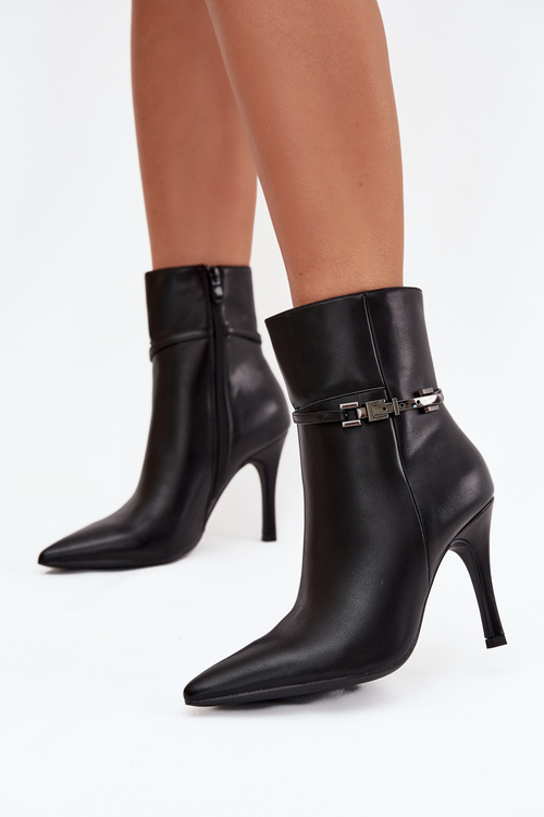 Women's ankle boots on heel with strap and silver element heated black Bellisse