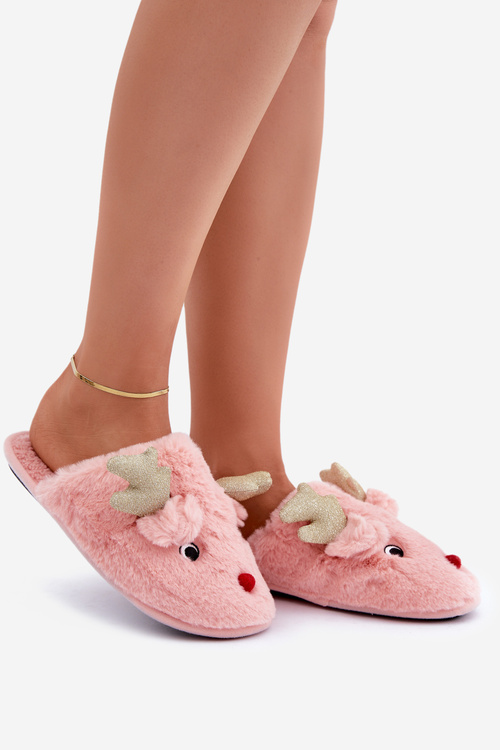 Christmas Slippers With Reindeer Design Furry Pink Asielle