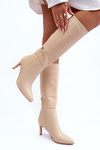 Leather Heeled Over-the-Knee Boots Beige Serpens