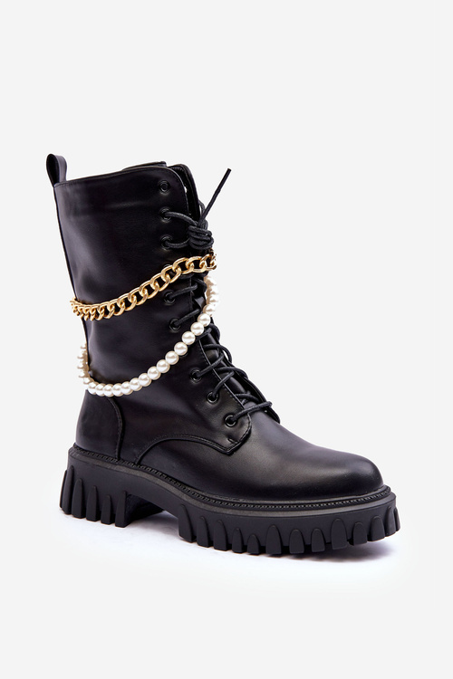 Leather High Boots With Chain Black Nameer