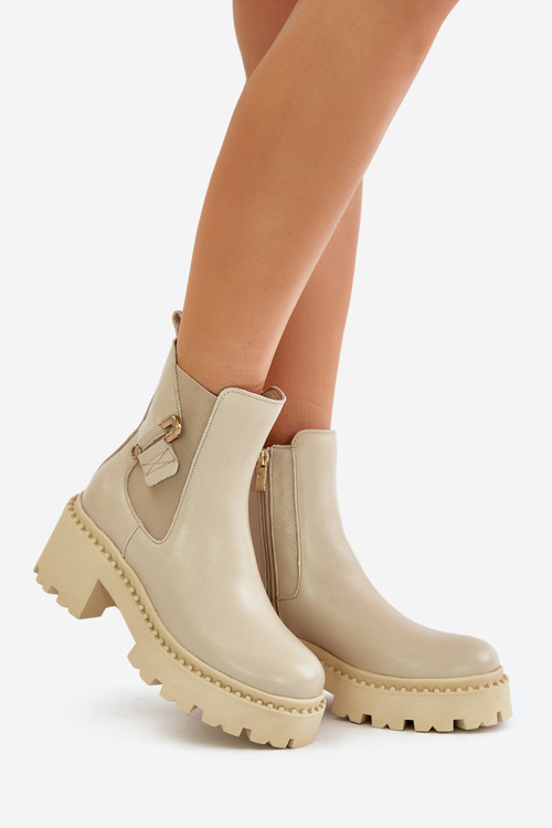 Zazoo 60490 Leather Insulated Ankle Boots With Decoration Light Beige