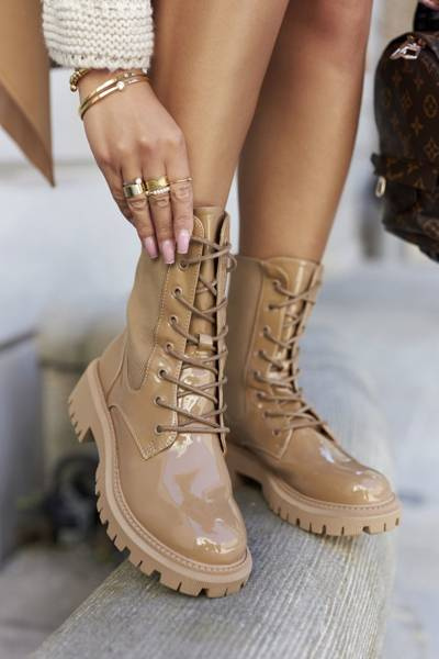 Women's Flat Boots Workers Lacquered Khaki Maxine