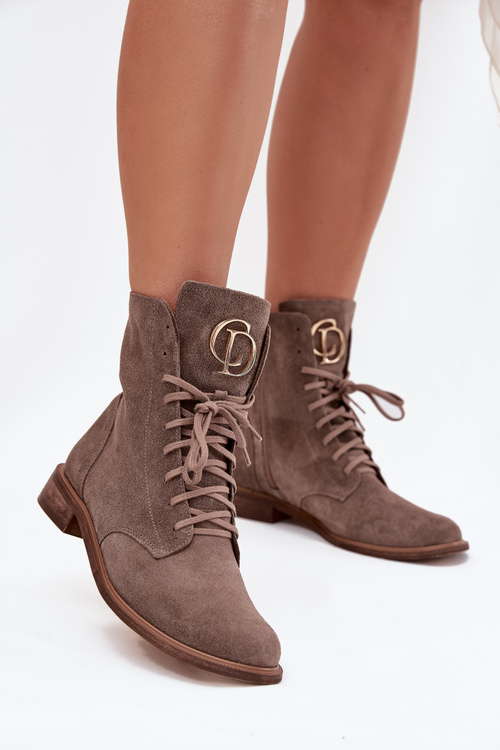 Zazoo 2955 Suede Work Boots With Gold Detail On Tongue Dark Beige