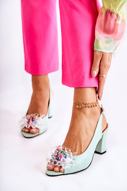 Fashionable Leather Pumps Sandals With Decoration Green Meriss