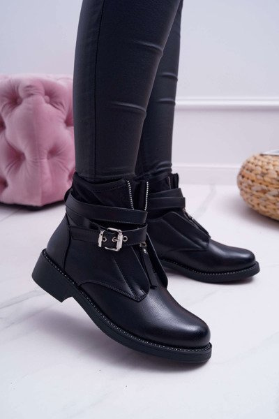 Women's Flat Booties with Crystals Buckle Black Denovio