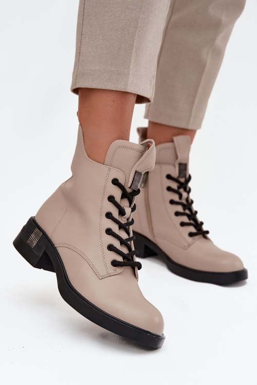 Leather Women's Ankle Boots Low Heel Vinceza 66818 Beige