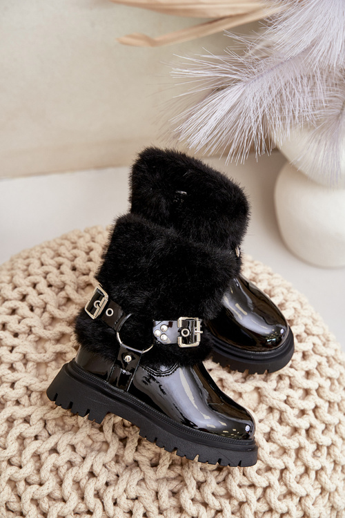 Lacquered Girls Boots With Fur And Buckles Black Cartemes