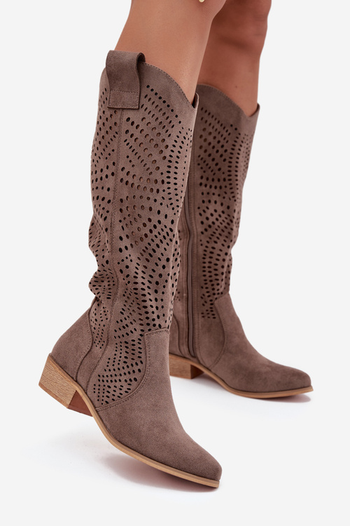 Openwork Women's Knee-High Block Heeled Boots Dark Beige Fioris