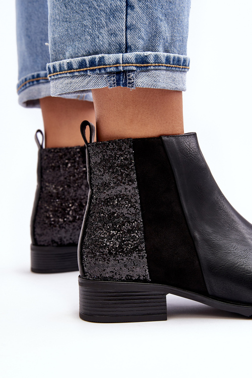 Women's Ankle Boots Flat Heel With Sequins Black Messio