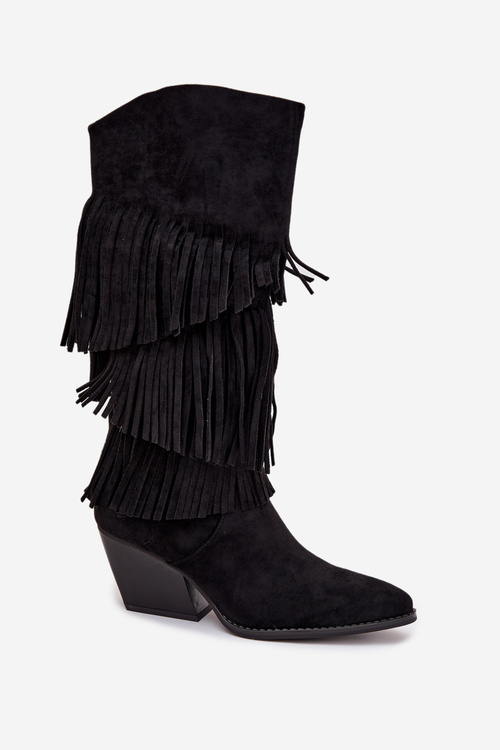 Heated Leather Cowboy Boots Women's With Fringes Black Brivina