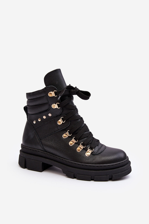 Women's Leather Lace-Up Hiking Boots Zazoo K01 Black