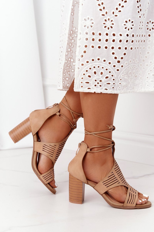 Lace-Up Openwork Sandals On A Block Heel Beige Lorette