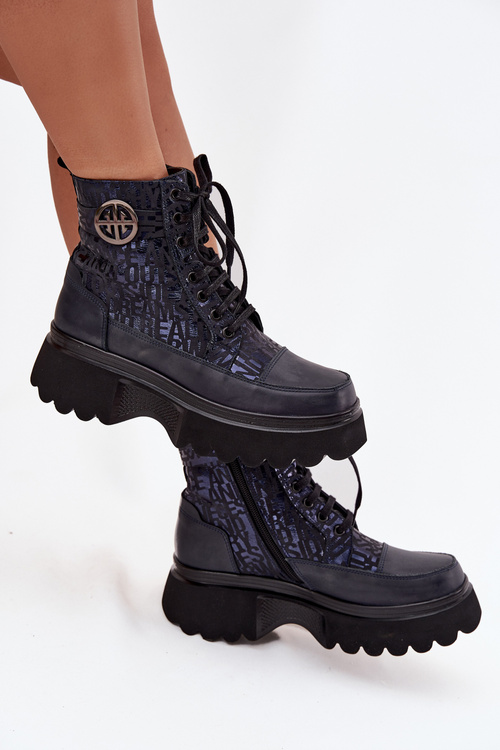 Leather Women's Platform Boots with Texts and Decorative Detail Artiker 57C2271 Navy Blue