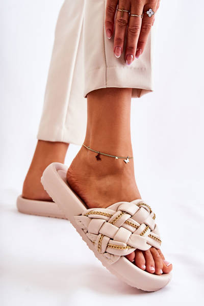 Women's Leather Slippers With A Chain Beige Soline