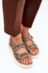 Women's Patterned Fabric Sandals With Golden Details Khaki Pefese