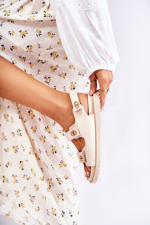 Women's Leather Sandals With Decoration Beige Halis