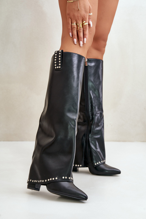 Damskie Kozaki Wywinięta Cholewka Obcas Słupek Czarne Kaielia