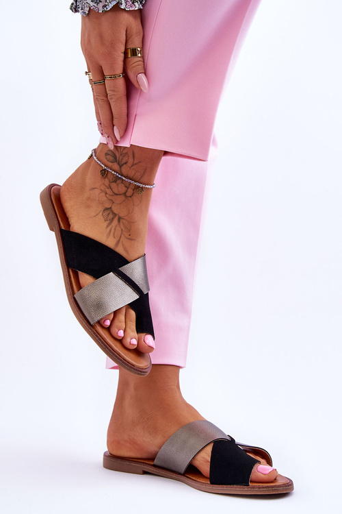 Classic Women's Leather Slippers Black Platinum Nancy