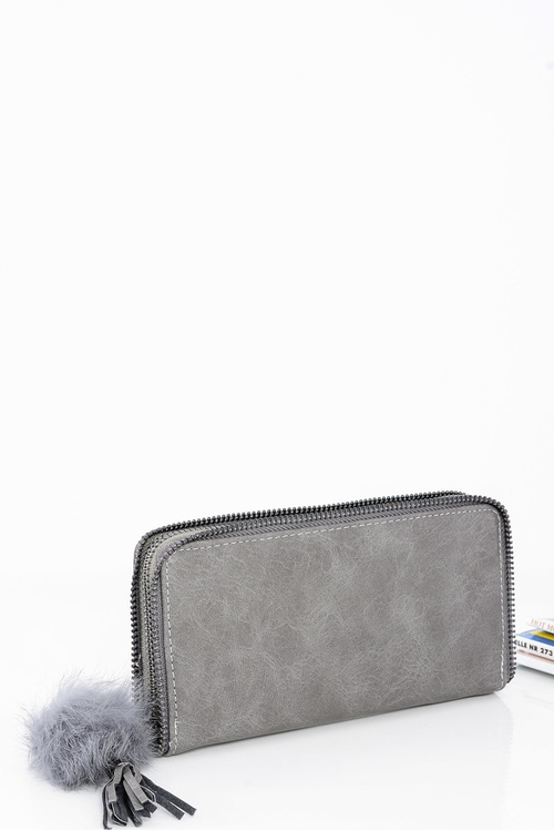 Women's Large Grey Wallet Ornamental Lock Keyring Pompon