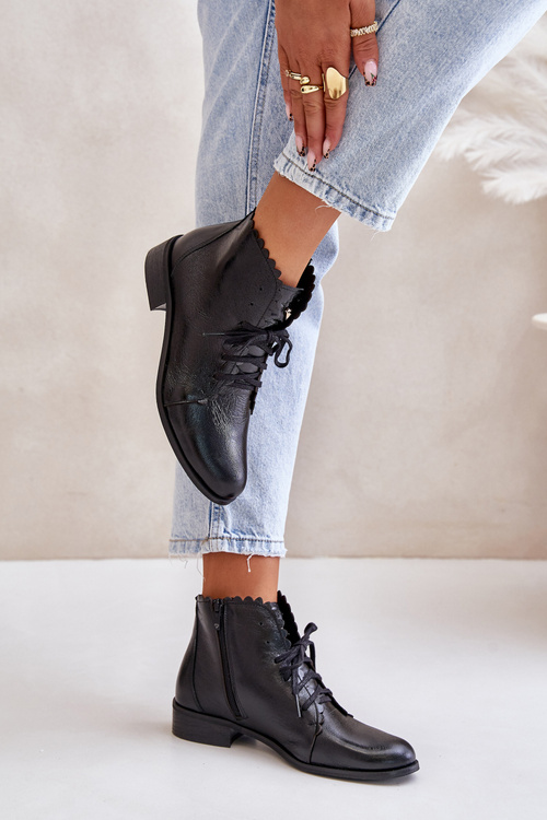 Zazoo 2964 Leather Ankle Boots On Flat Heel Black