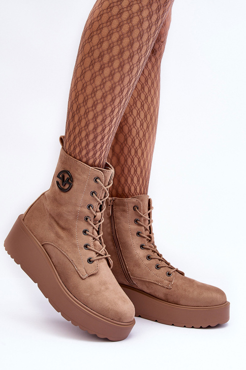 Suede Boots on Massive Platform Wedge Heel Beige Lavica