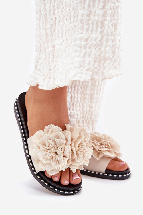 Women's Slippers With Fabric Flowers Beige Elachase