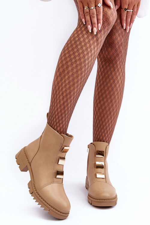 Leather Ankle Boots with Flat Heel Beige Azulenn