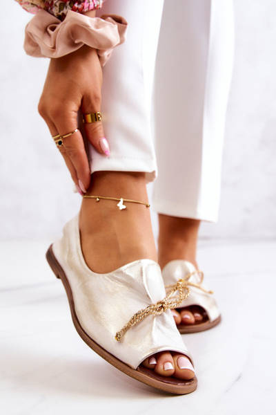 Baleriny Skórzane Damskie Biało-Złote Zazoo 2660