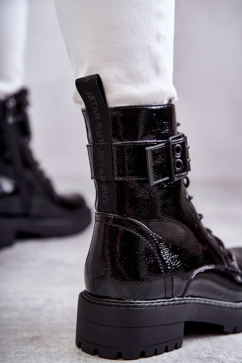 Women's Lace-up Laquered Flat Heel Boots Black Firmina