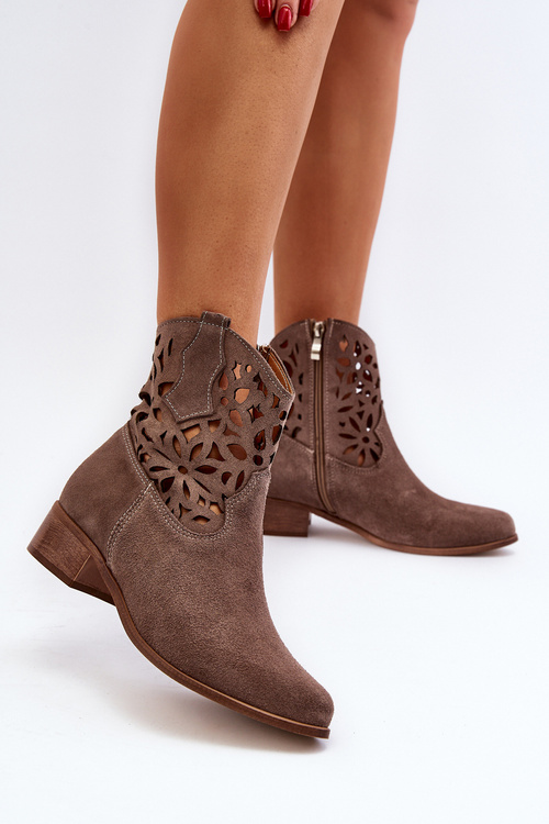 Lace-up cowboy ankle boots with low suede heel Zazoo 3404 Beige