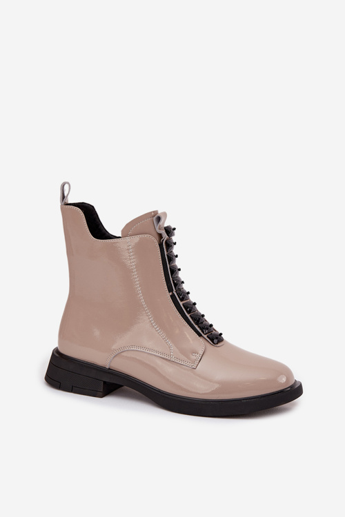 Damskie Botki Z Naturalnej Skóry Lakierowanej Beżowe D&A MR52-108