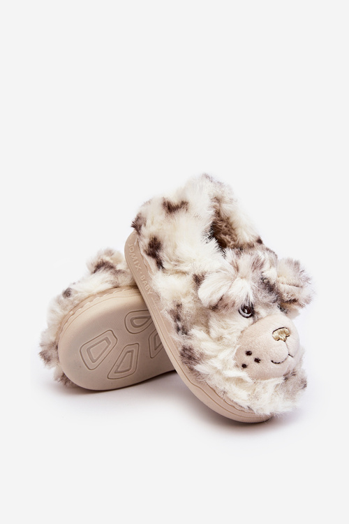 Children's fur slippers with bear light beige Apolanie