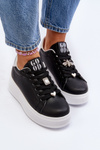 Sneakersy Eko Skóra Platforma Ozdoby Damskie Czarne Herbisa EV-307