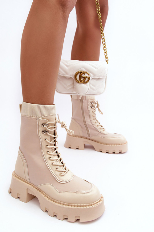 Botki Workery Sznurowane Masywne Beżowe Seloma JJ22