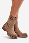Damskie Botki Niski Obcas Klamry Ciemnobeżowe Zudra