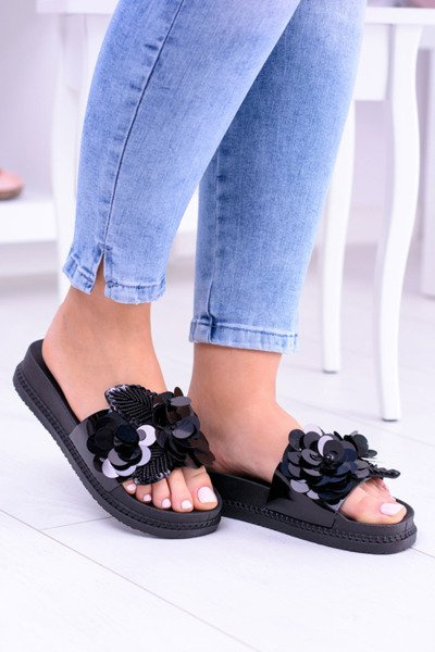 Women's Black Flip Flops with Floral Pattern Muah