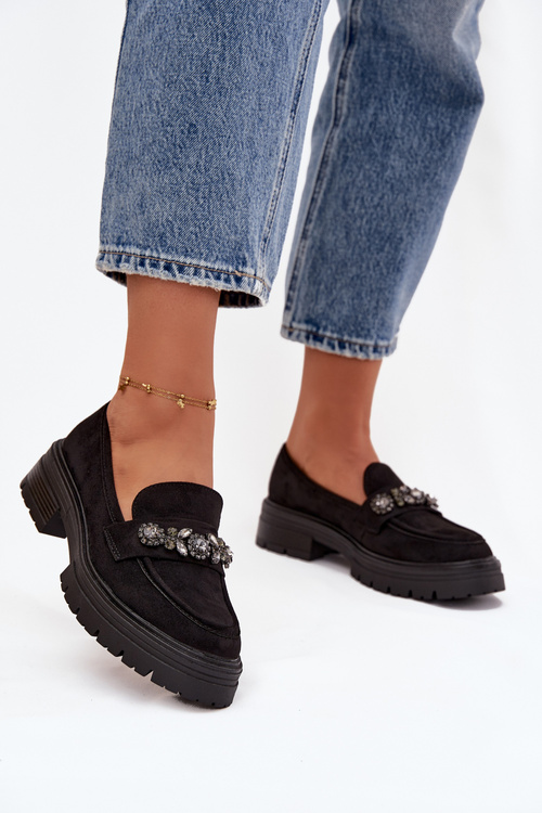 Damskie Eko Zamszowe Mokasyny Z Kryształkami Czarne Lavisse