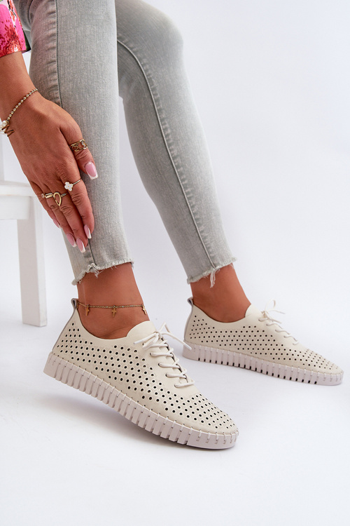 Trampki Damskie Ażurowy Wzór Skóra Beżowe Ilvima