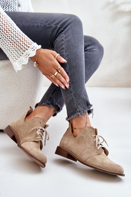 Zazoo 2959 Suede Oxford Shoes Lace-Up Flat Heel Beige