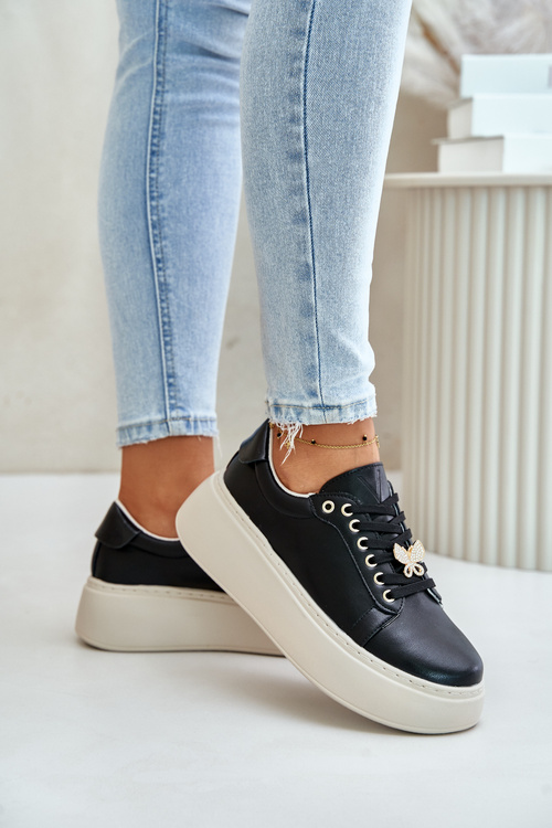 Sneakersy Skóra Naturalna Przypinka Motyl Platforma Czarne Vinceza 89101