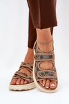 Women's Patterned Fabric Sandals With Golden Details Khaki Pefese
